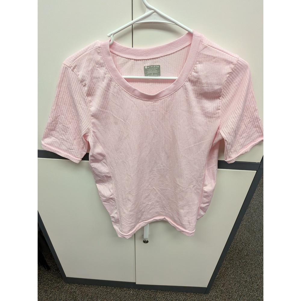 Athleta Pink Ribbed Short Sleeve Activewear Top Crew Neck S/427770022 Size L
